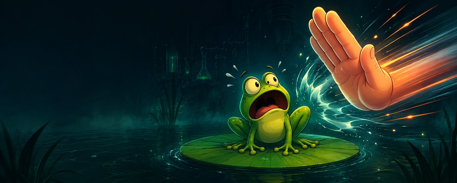 Cartoon-Frosch in einer chaotischen FrogSlap-Spielwelt